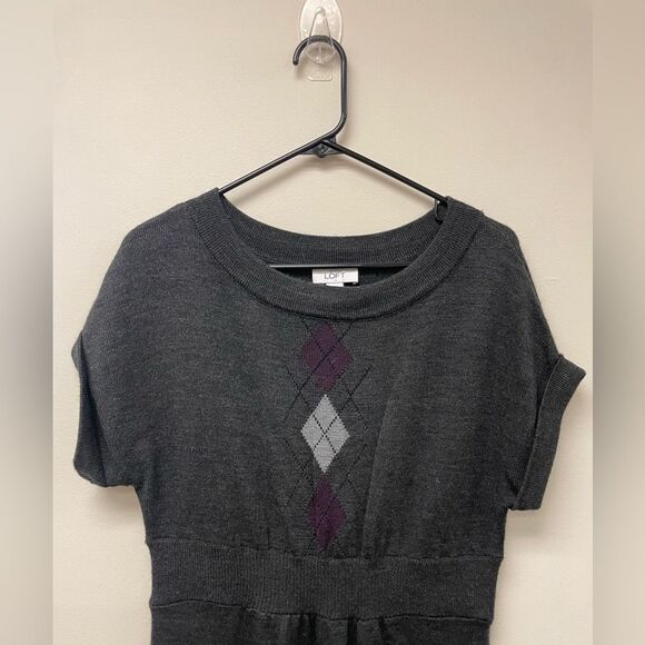 The Loft Grey Purple Tartan Pattern Scoop Neck Sweater Dress SZ S - Picture 2 of 5